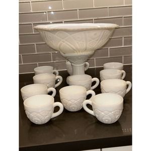 1950s McKee Vintage White Milk Glass Concord Punch Bowl Set With 10 Cups